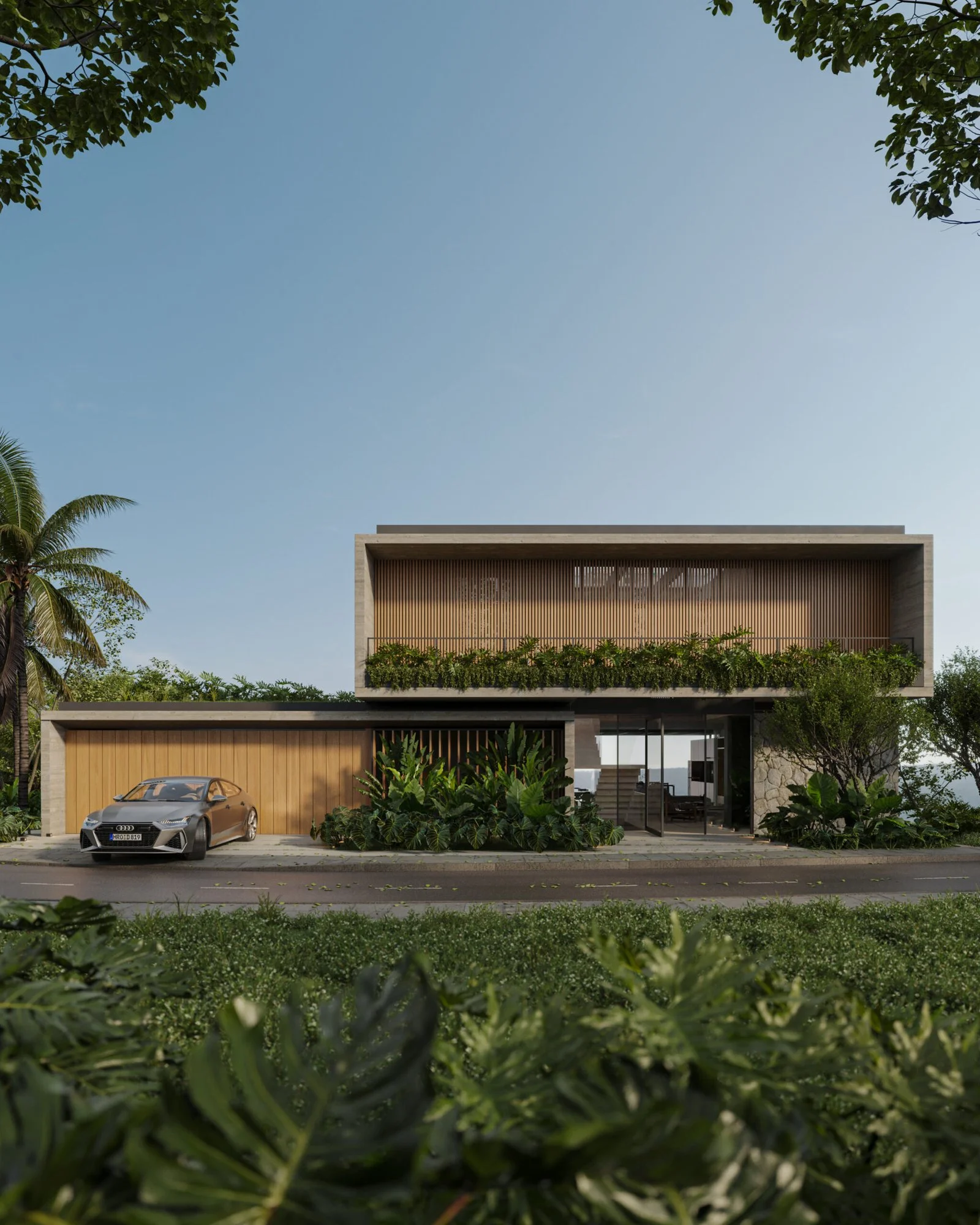 Fachada com concreto aparente e brises de madeira — Casa VC, VK Arquitetos