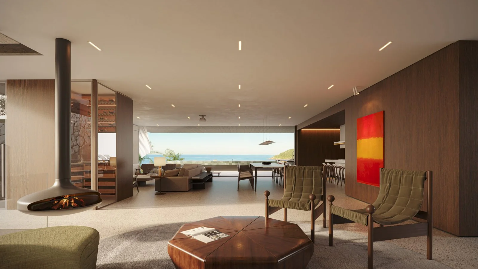 Living integrado com lareira e vista para o mar — Casa Brava, VK Arquitetos