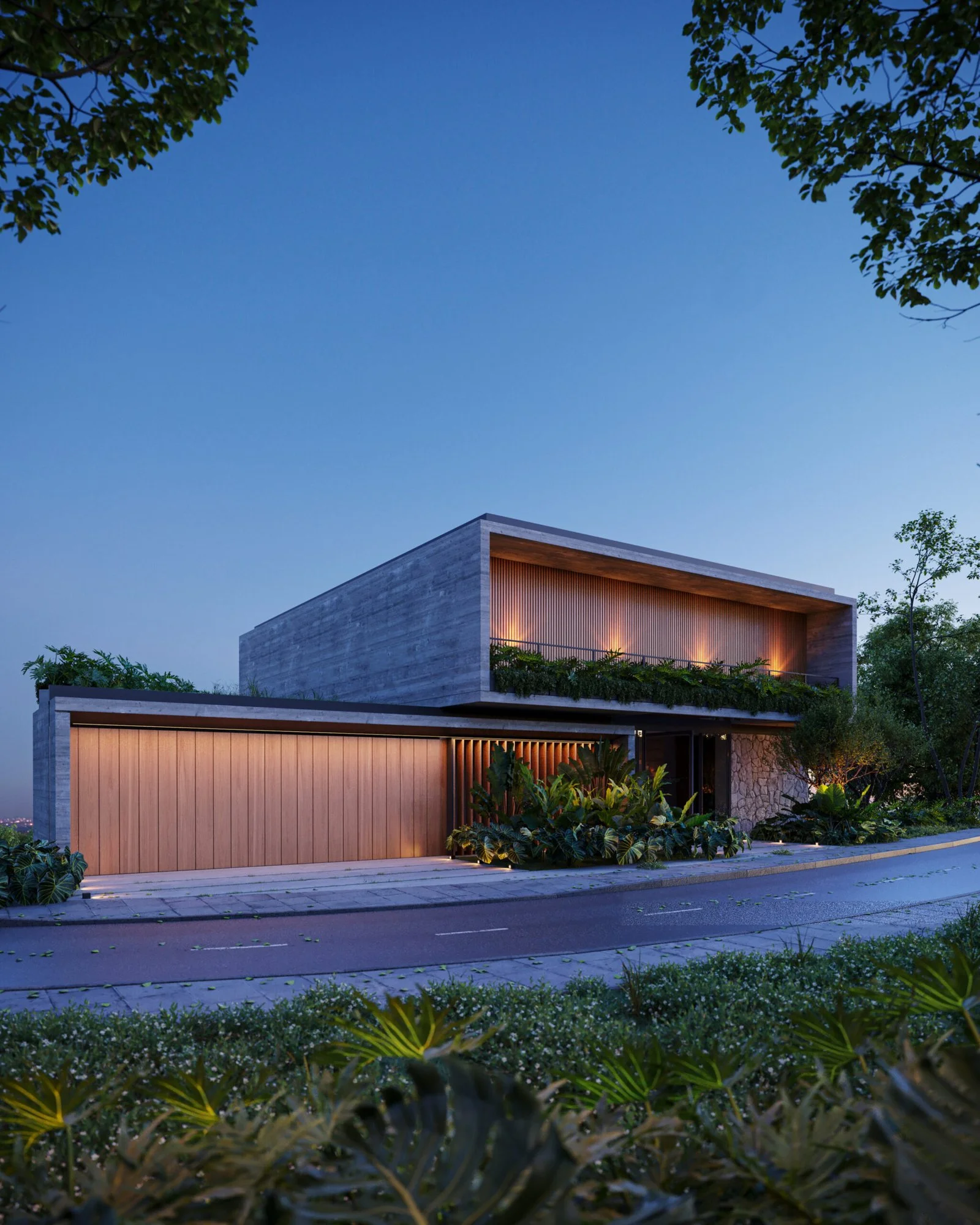 Fachada iluminada ao entardecer — Casa VC, VK Arquitetos