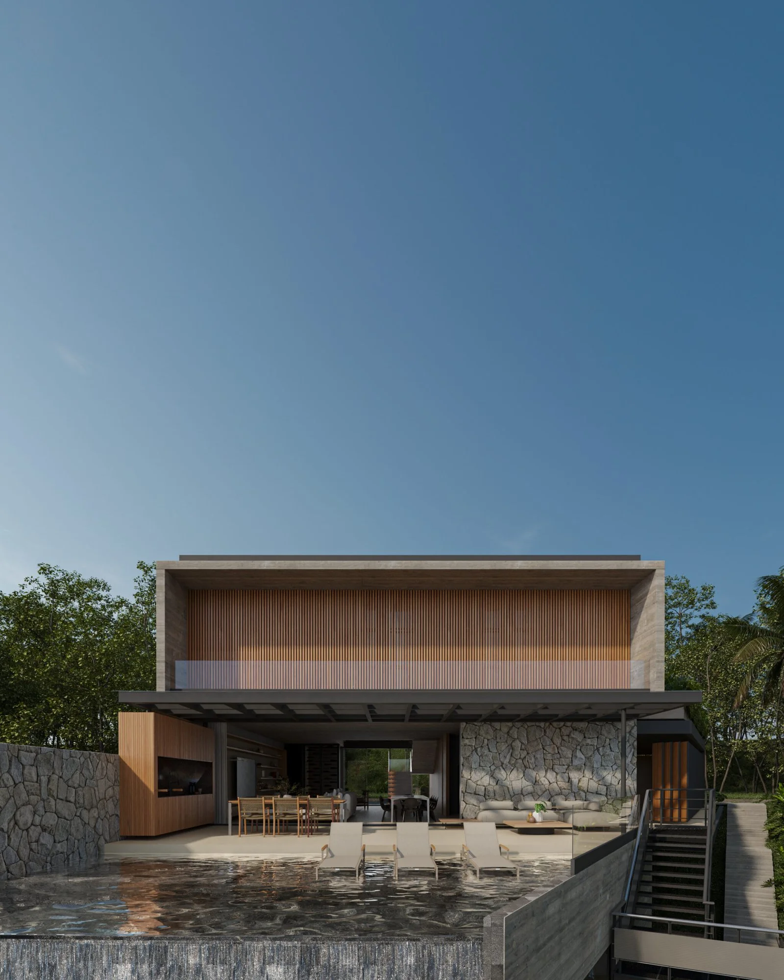 Área de lazer com piscina de borda infinita — Casa VC, VK Arquitetos