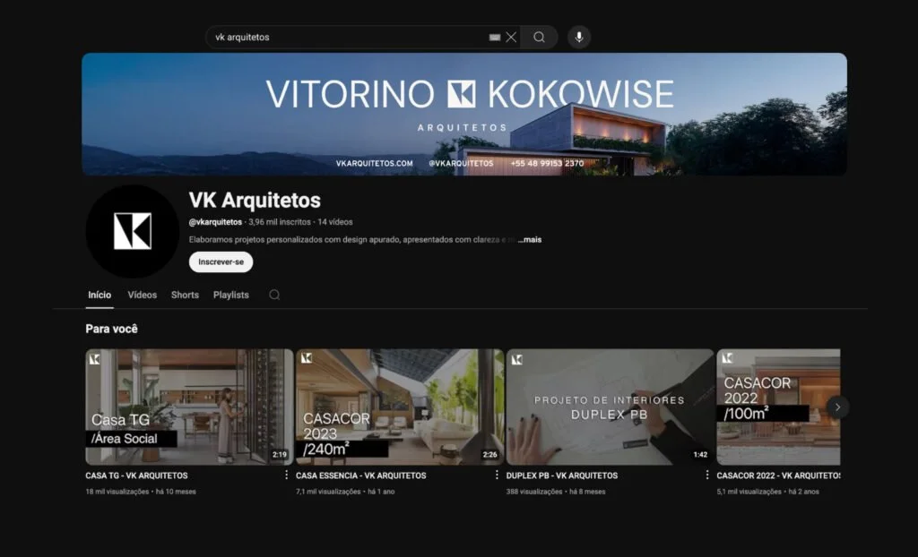 Canal da VK Arquitetos no YouTube